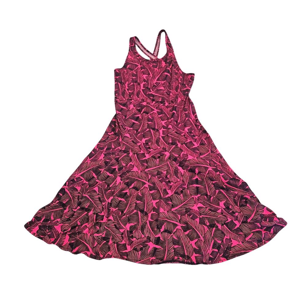 Banana Republic Factory XS Pink Navy Tropical Leaf Racerback Fit Flare Dress